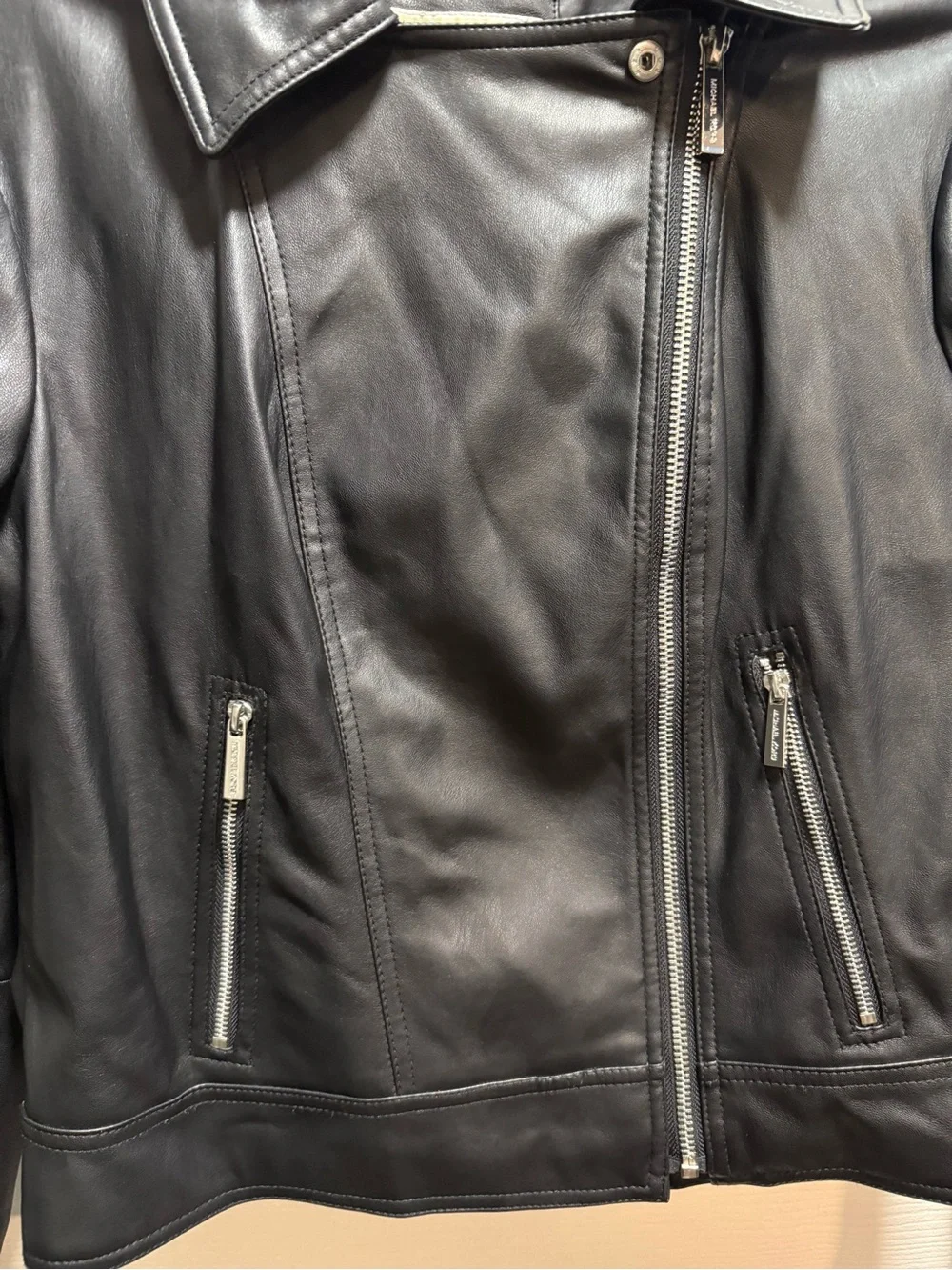 Michael Kors Black Faux Leather Moto Zip Jacket size Large